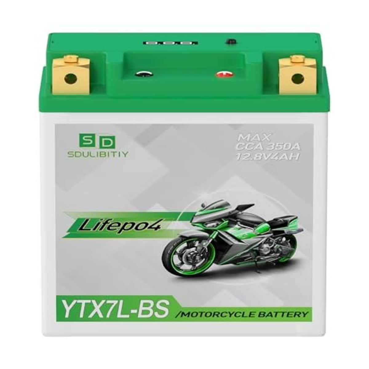 LiFePO4 motorcycle battery front view with green top and brass terminals