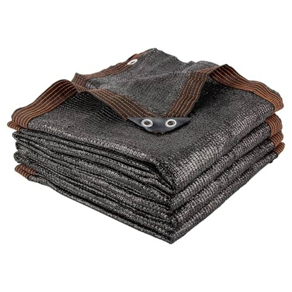Woven outdoor sun shade cloth stack, dark gray/black with brown trim and grommets