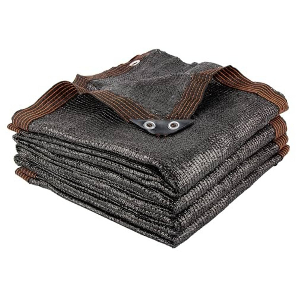 Woven outdoor sun shade cloth stack, dark gray/black with brown trim and grommets