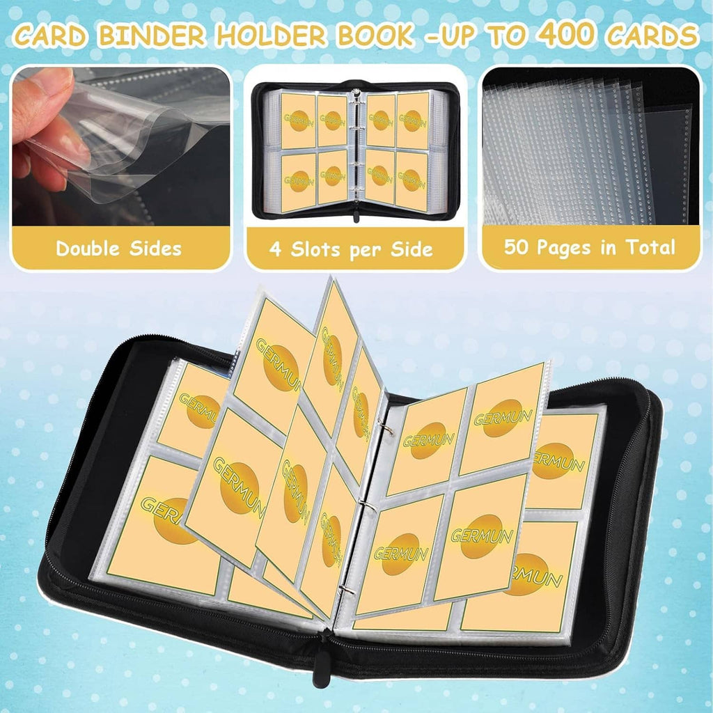 Open black zip trading card binder with clear double-sided pocket sleeves