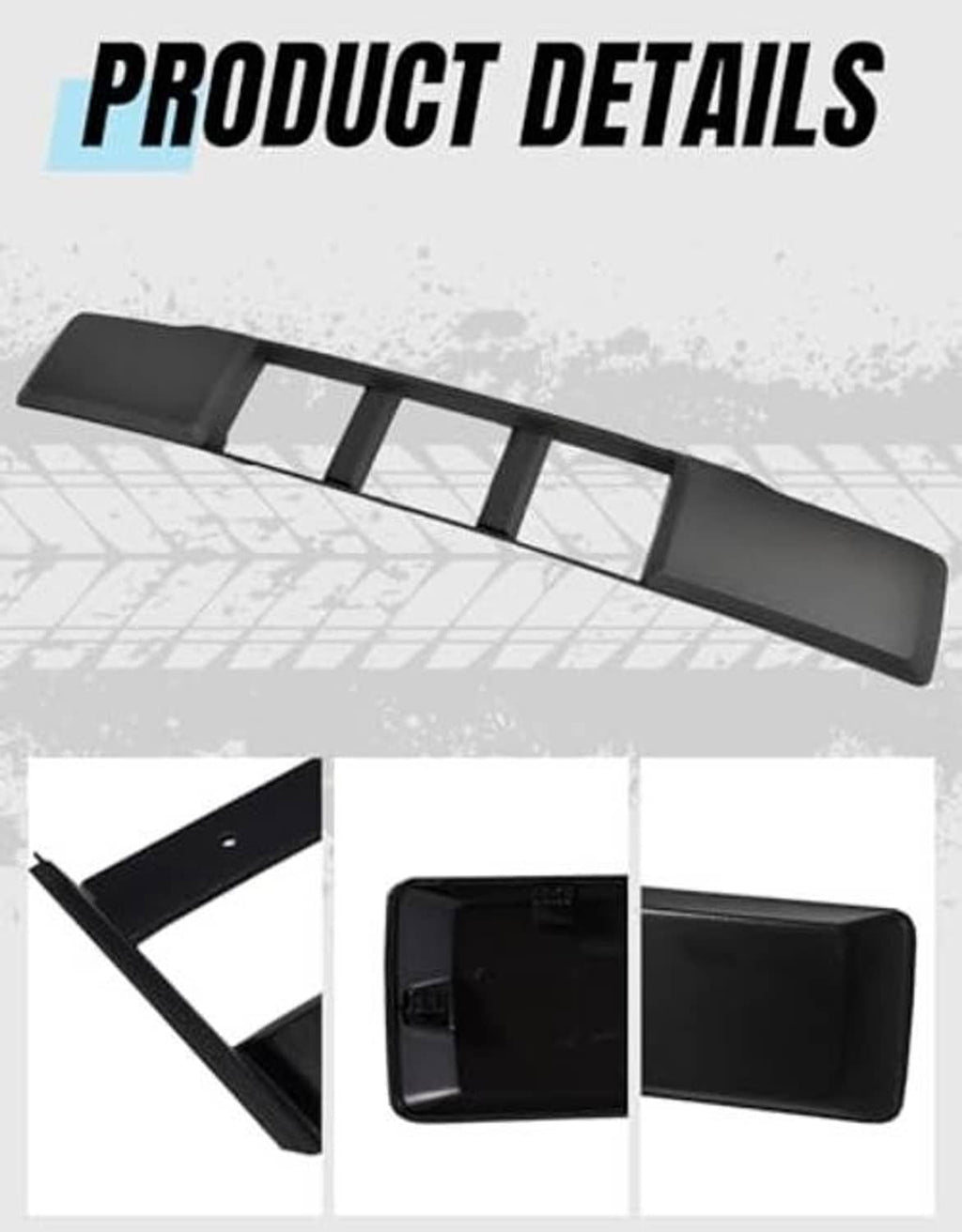 Black front lower grille trim panel with four vertical inserts, product detail view