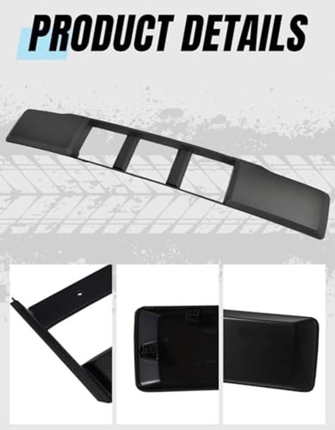 Black front lower grille trim panel with four vertical inserts, product detail view