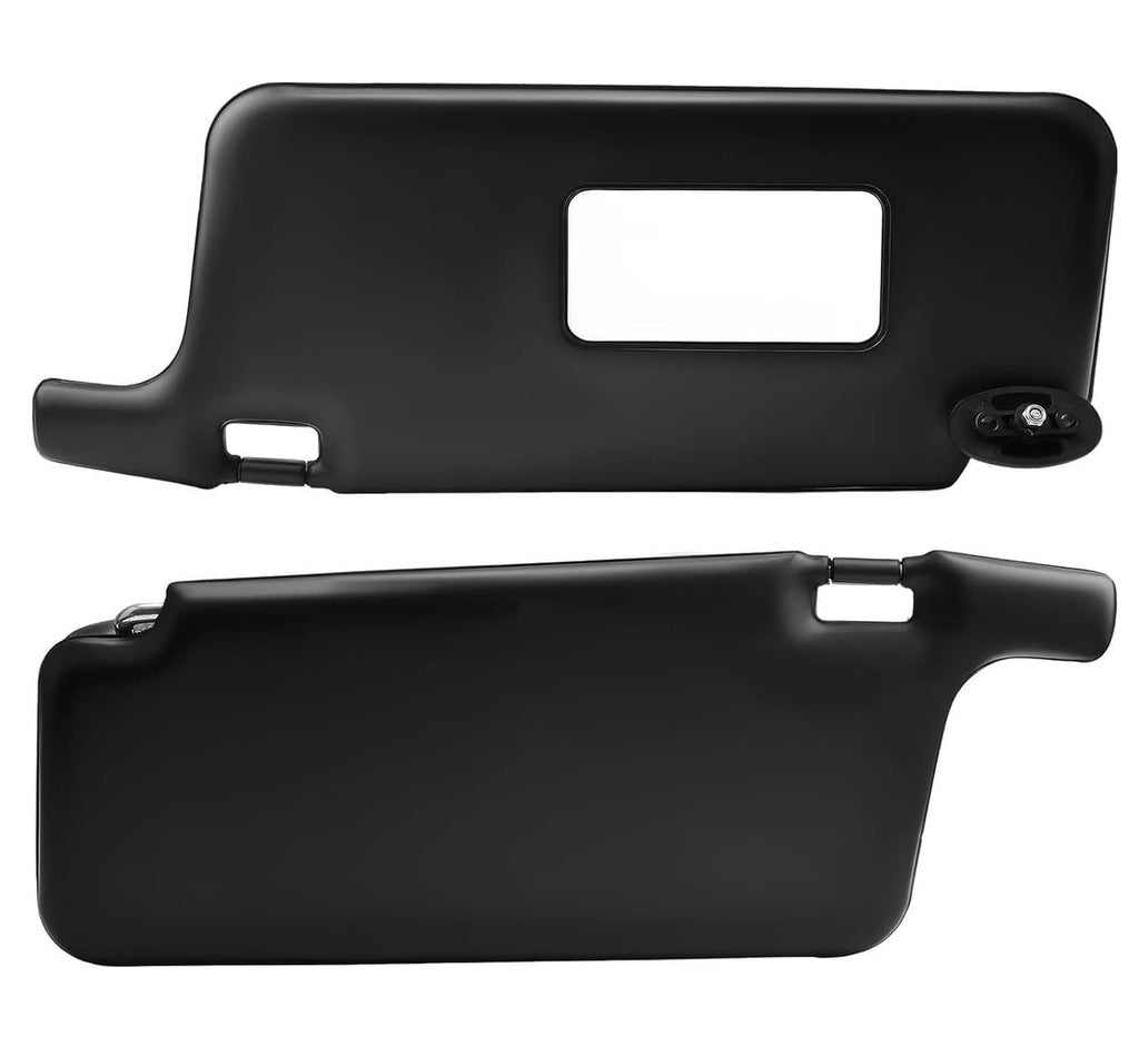 Black car sun visor pair viewed from above, with rectangular cutouts