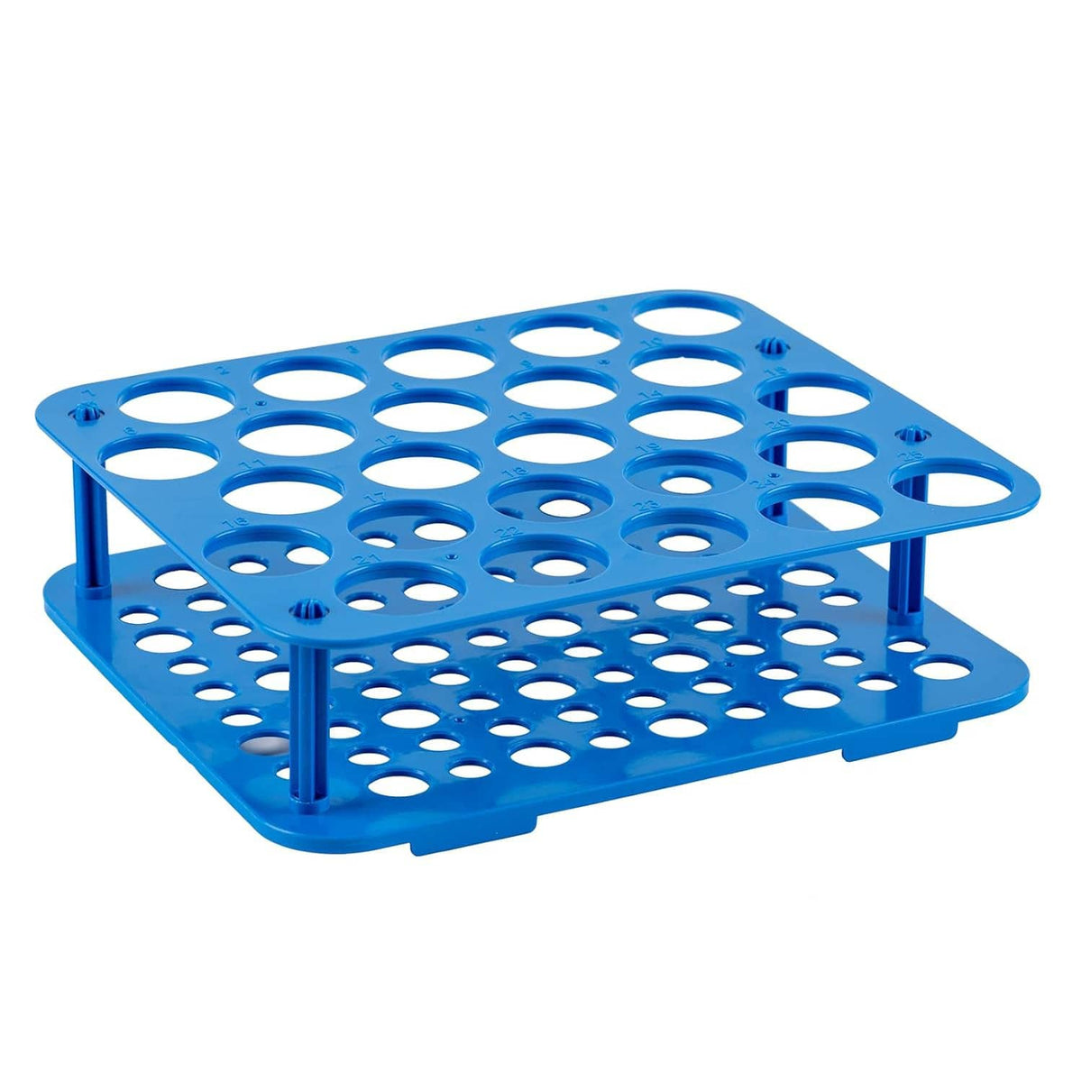 Blue plastic centrifuge tube rack with 25 wells and raised top shelf supports