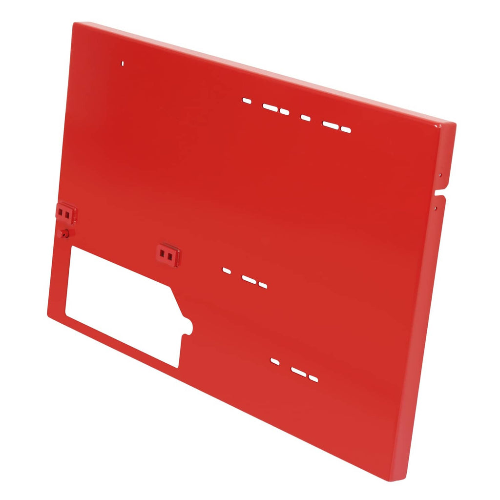 Red side-mount catcher panel with cutout slots and mounting brackets