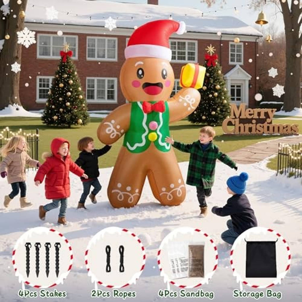 8 ft gingerbread man inflatable in red Santa hat and green icing, yard-style decoration