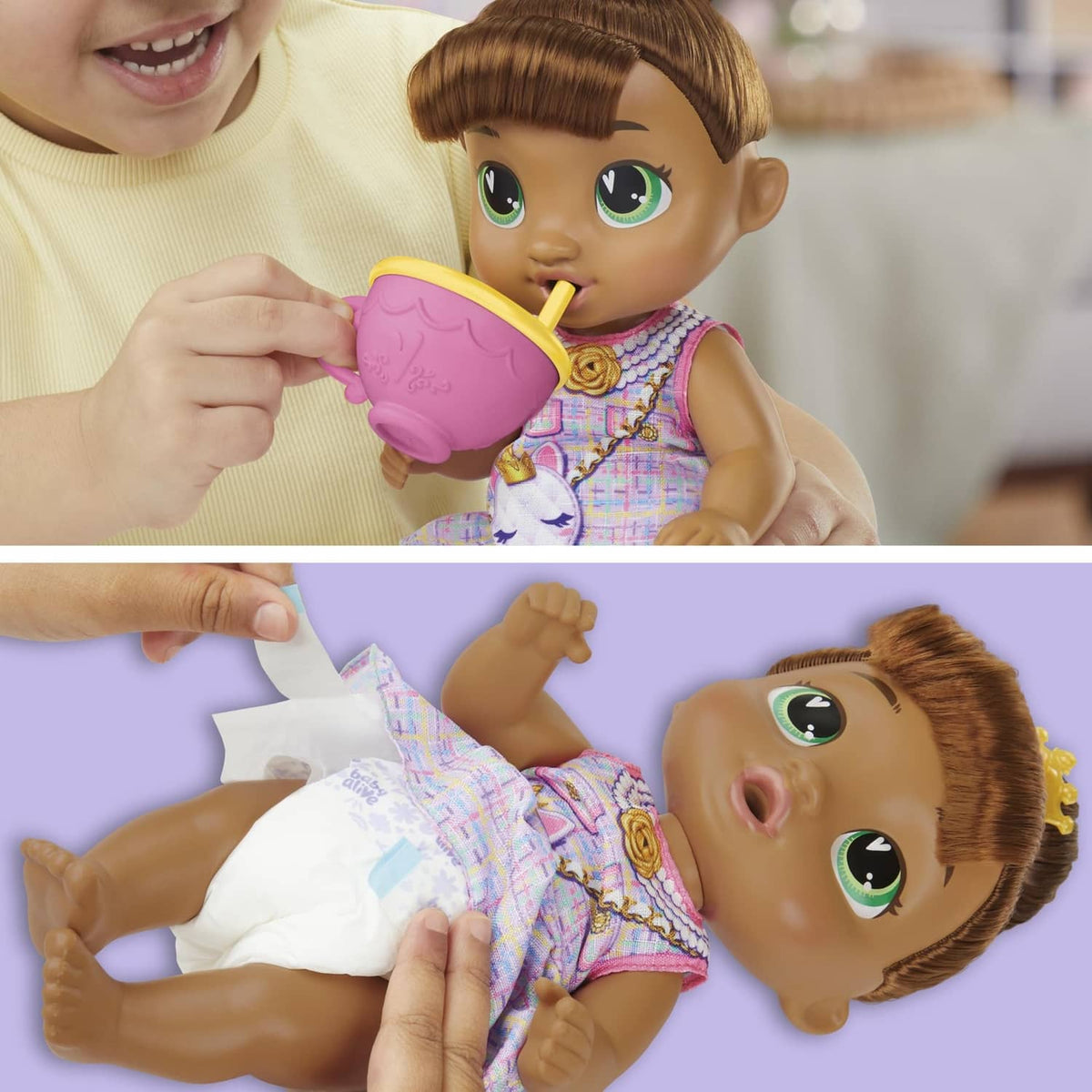 Child holding Sophia Sparkle doll’s pink teapot; doll in unicorn patterned dress
