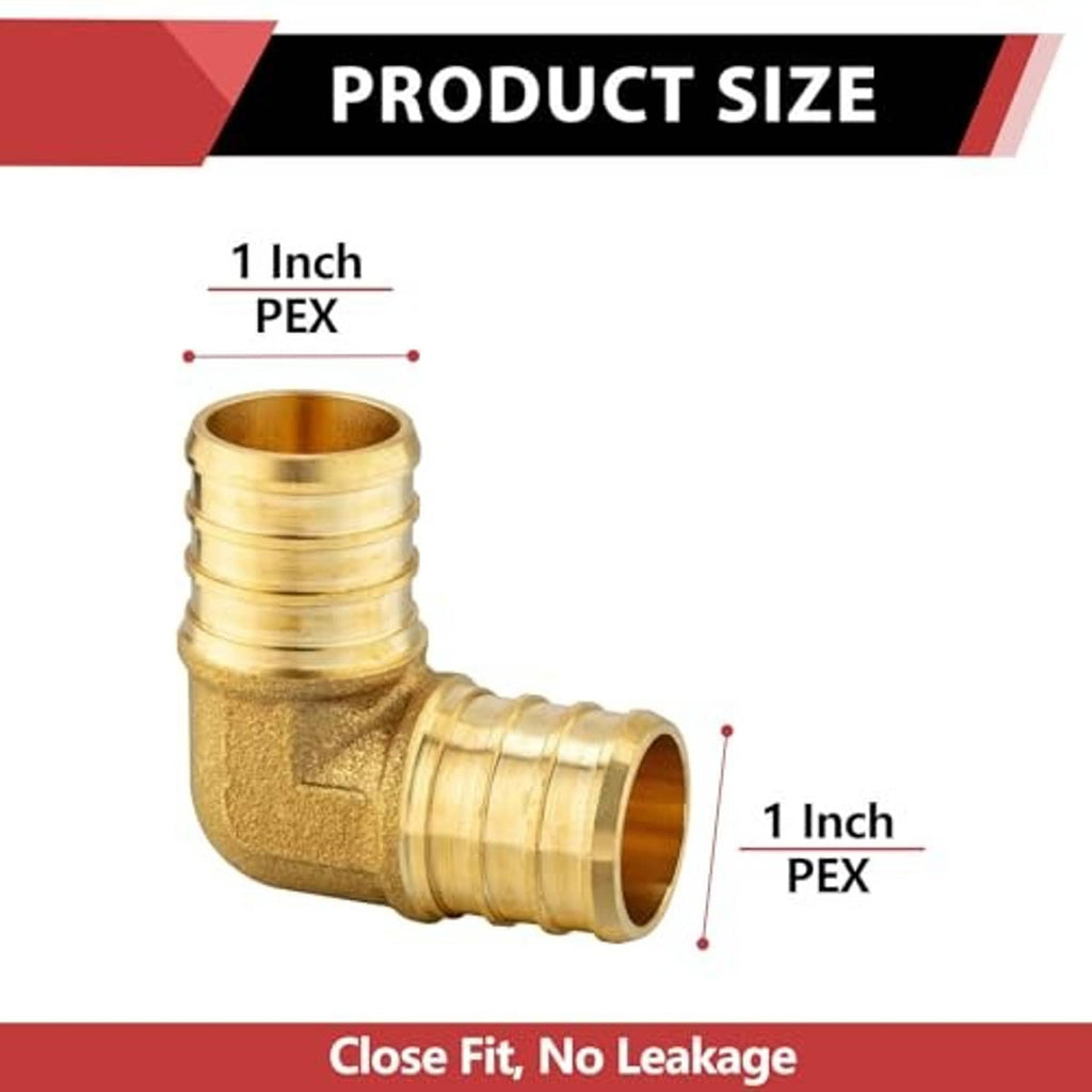 Brass 90-degree PEX elbow barb crimp fitting with 1-inch PEX size label