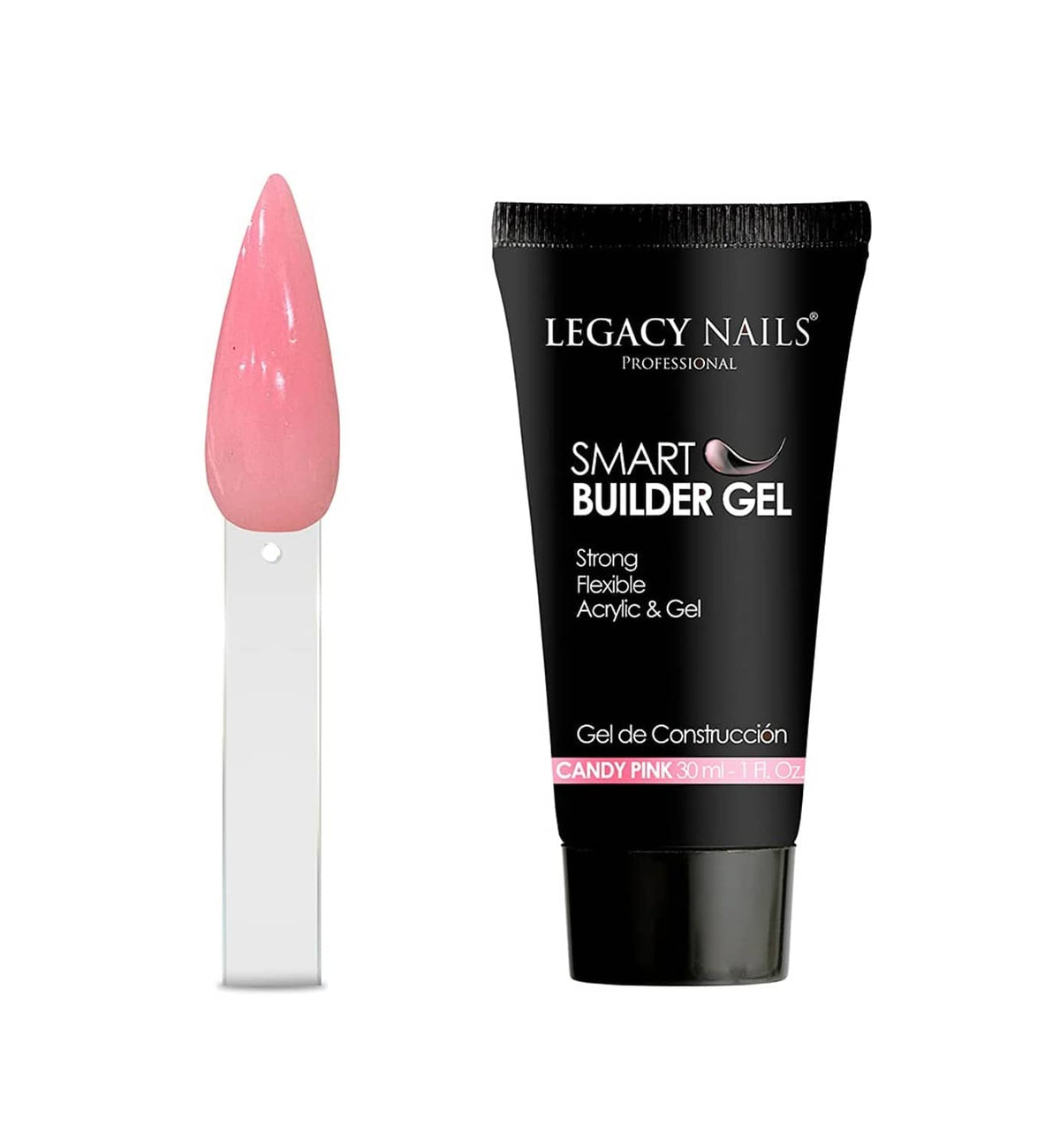 Legacy Nails candy pink nail gel swatch on a white stick beside smart builder gel tube