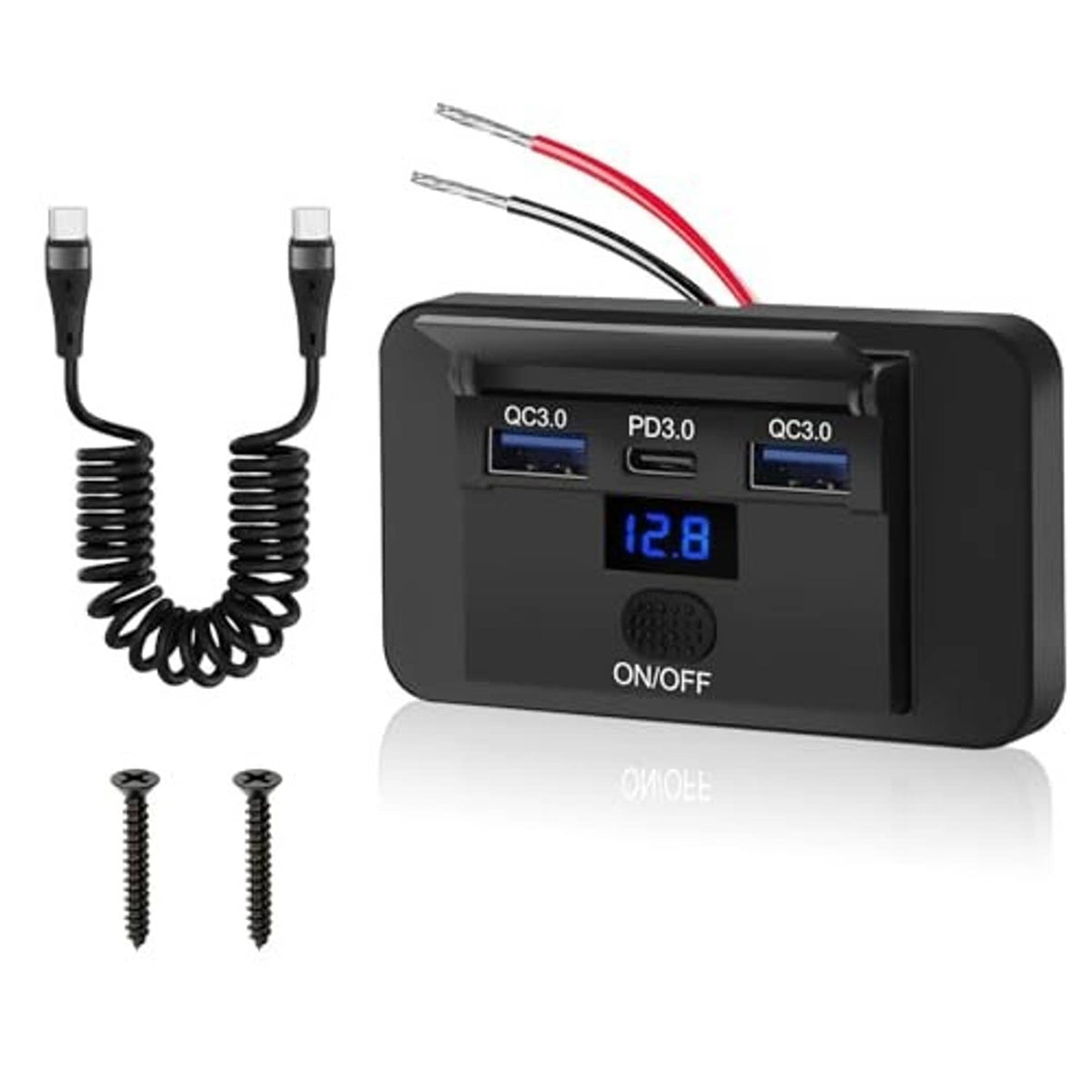 Black 3-port 12V USB outlet panel with QC/PD ports and digital voltmeter display