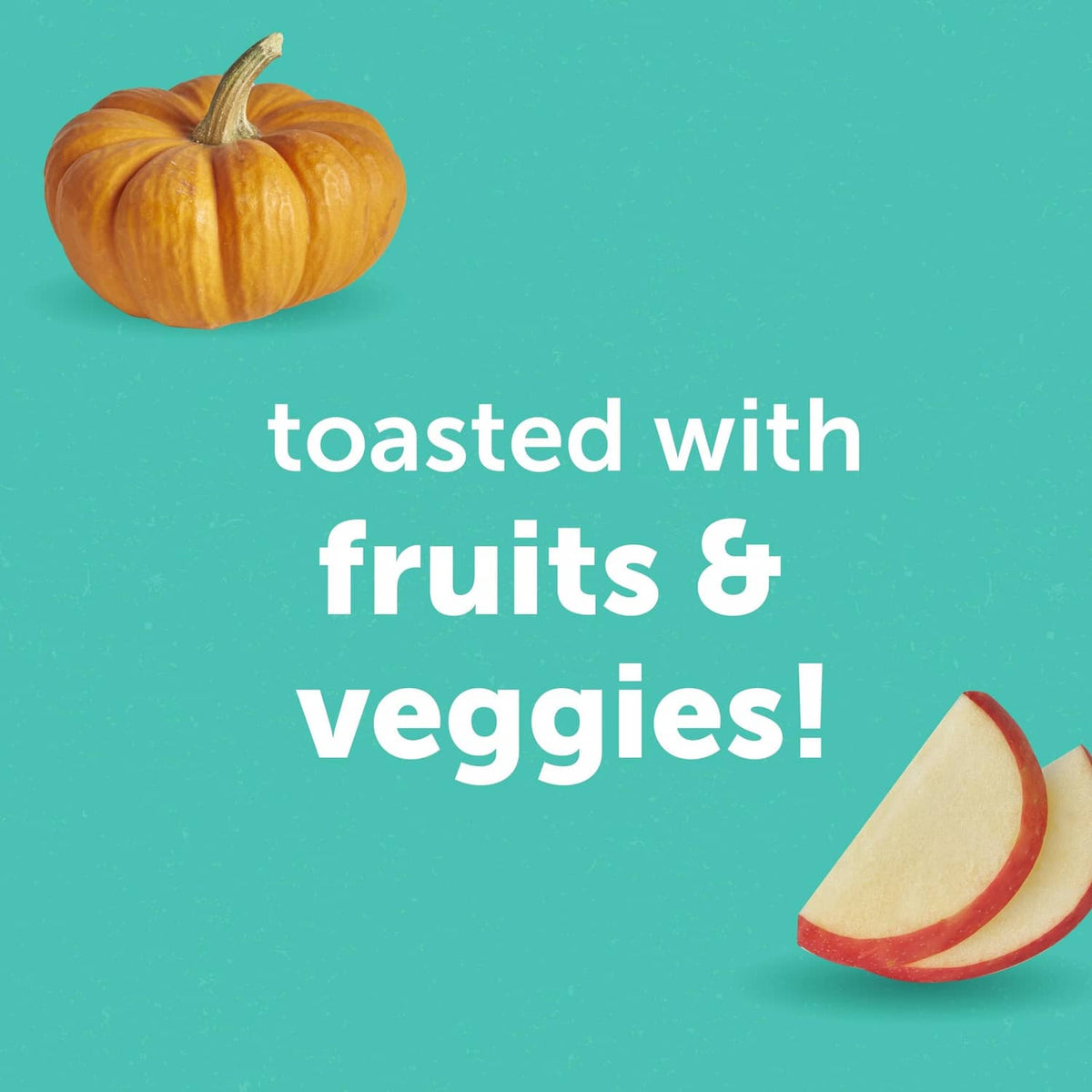 Beech-Nut mini waffles promotional graphic with pumpkin and apple slices, fruits & veggies