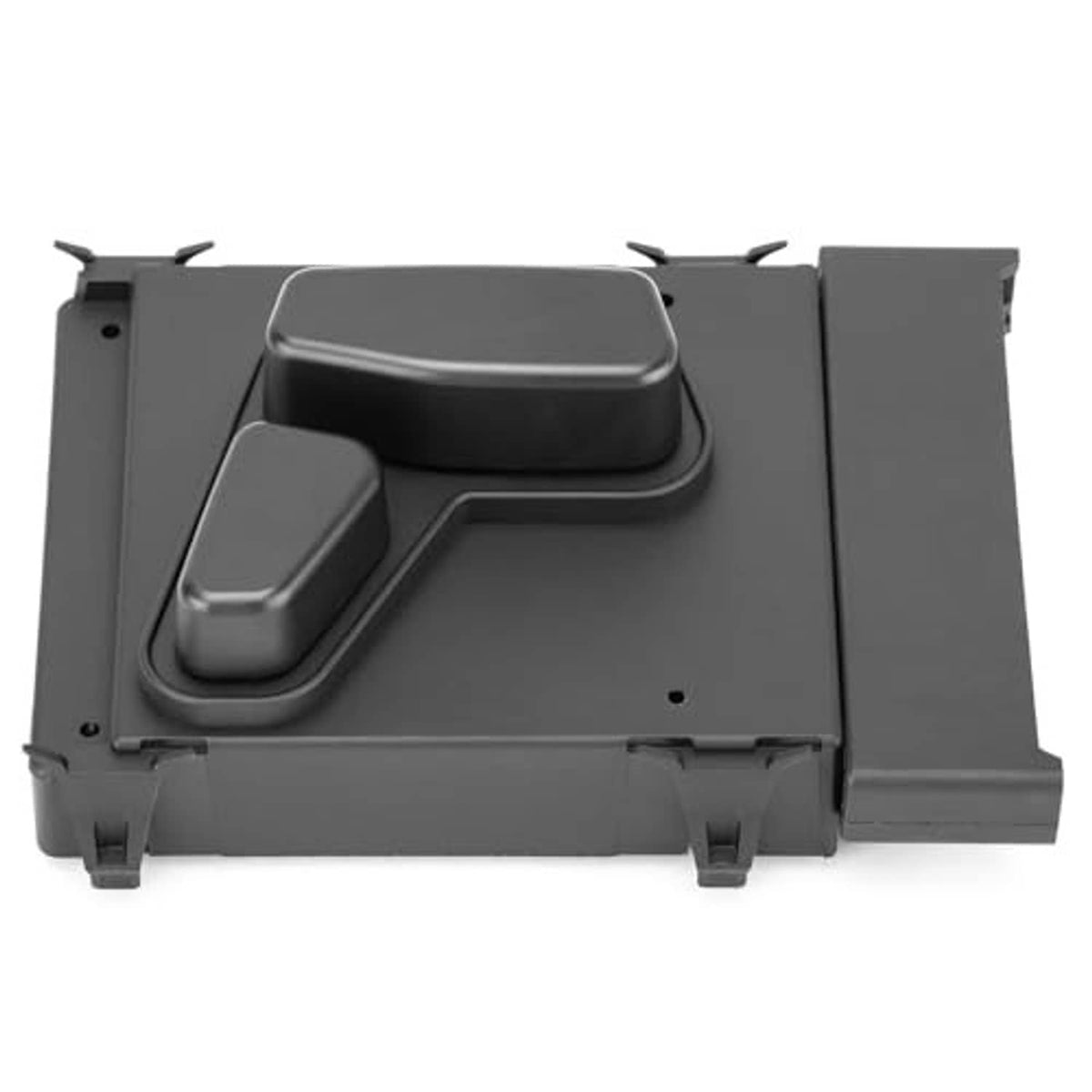Power seat switch module top view with raised rocker button and side plastic cover.