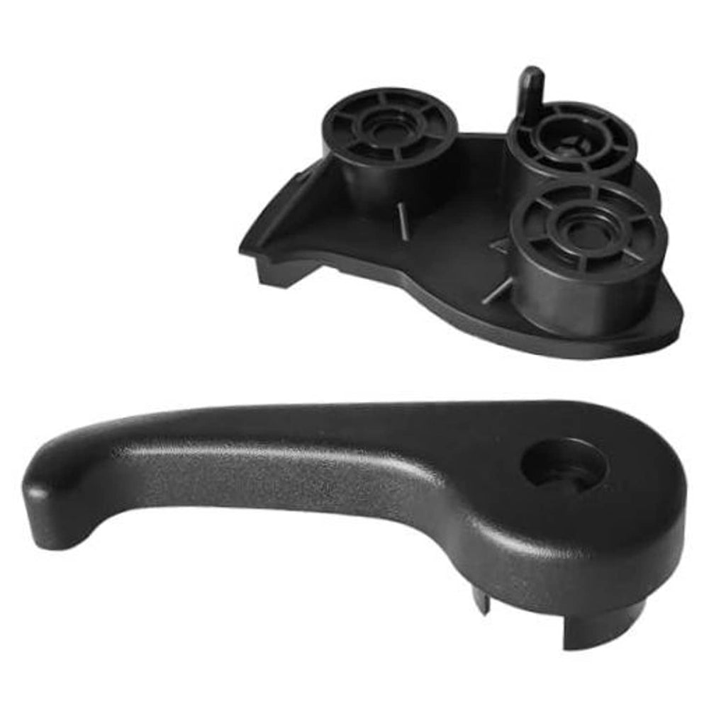 Hood latch release handle and mounting base, black plastic with mounting posts