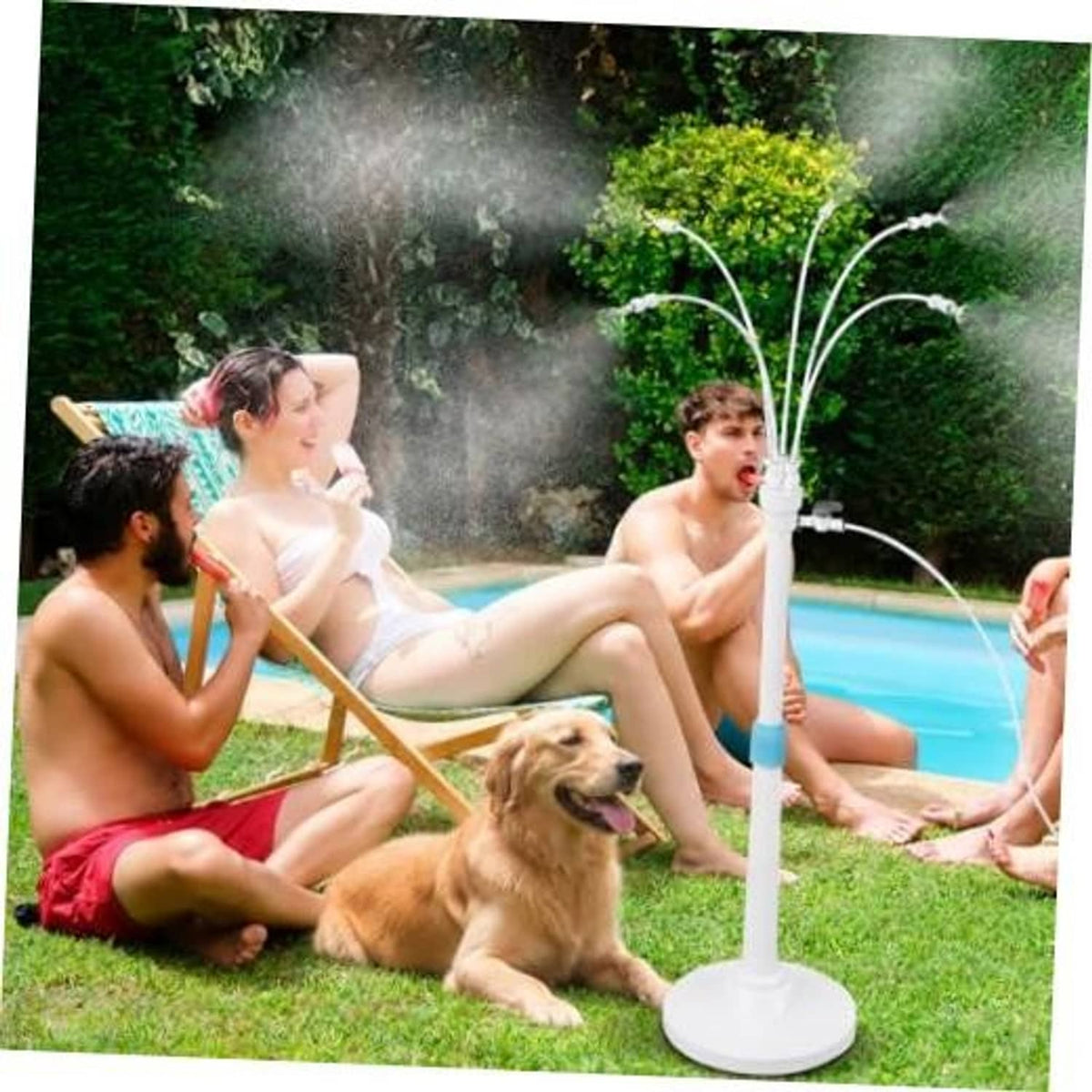 Outdoor patio misting cooler standing unit with white pole and multiple spray nozzles