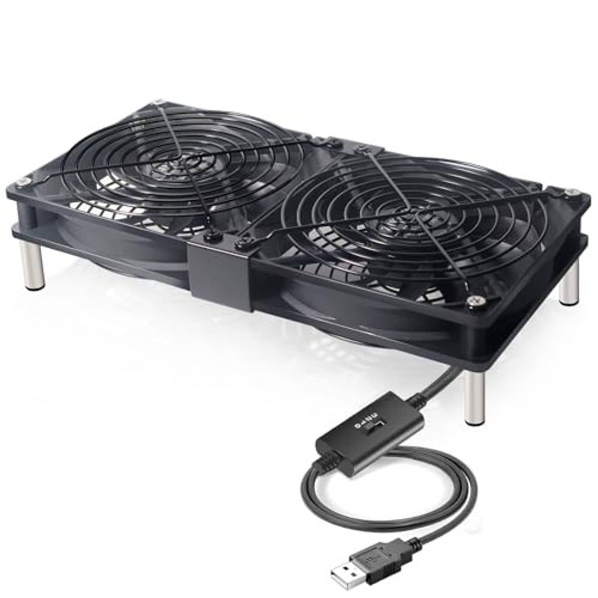 Dual 120mm USB cooling fan with speed controller, two black fans and USB cable