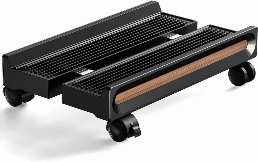 Ventilated black computer stand with slatted trays, wooden side rails, four caster wheels