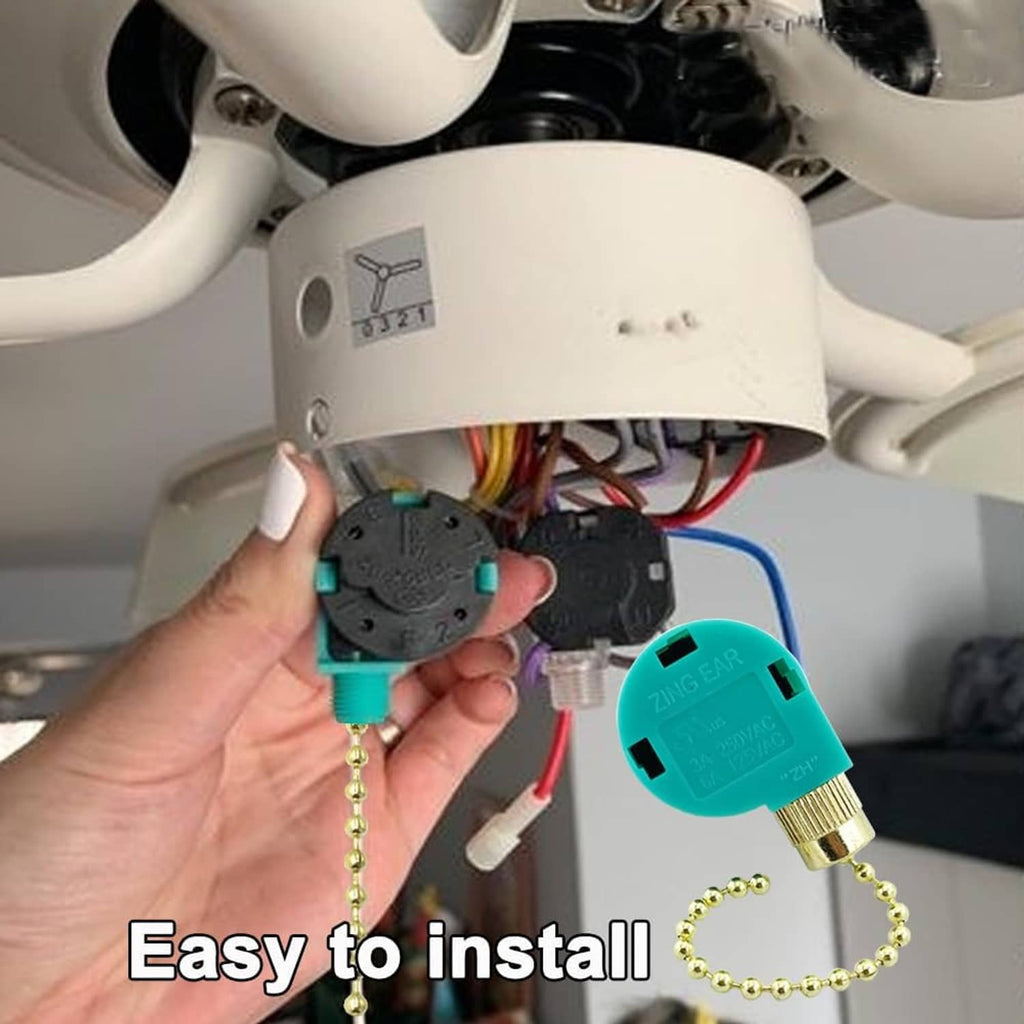 Ceiling fan pull chain switch being wired at fan motor housing with multicolor leads