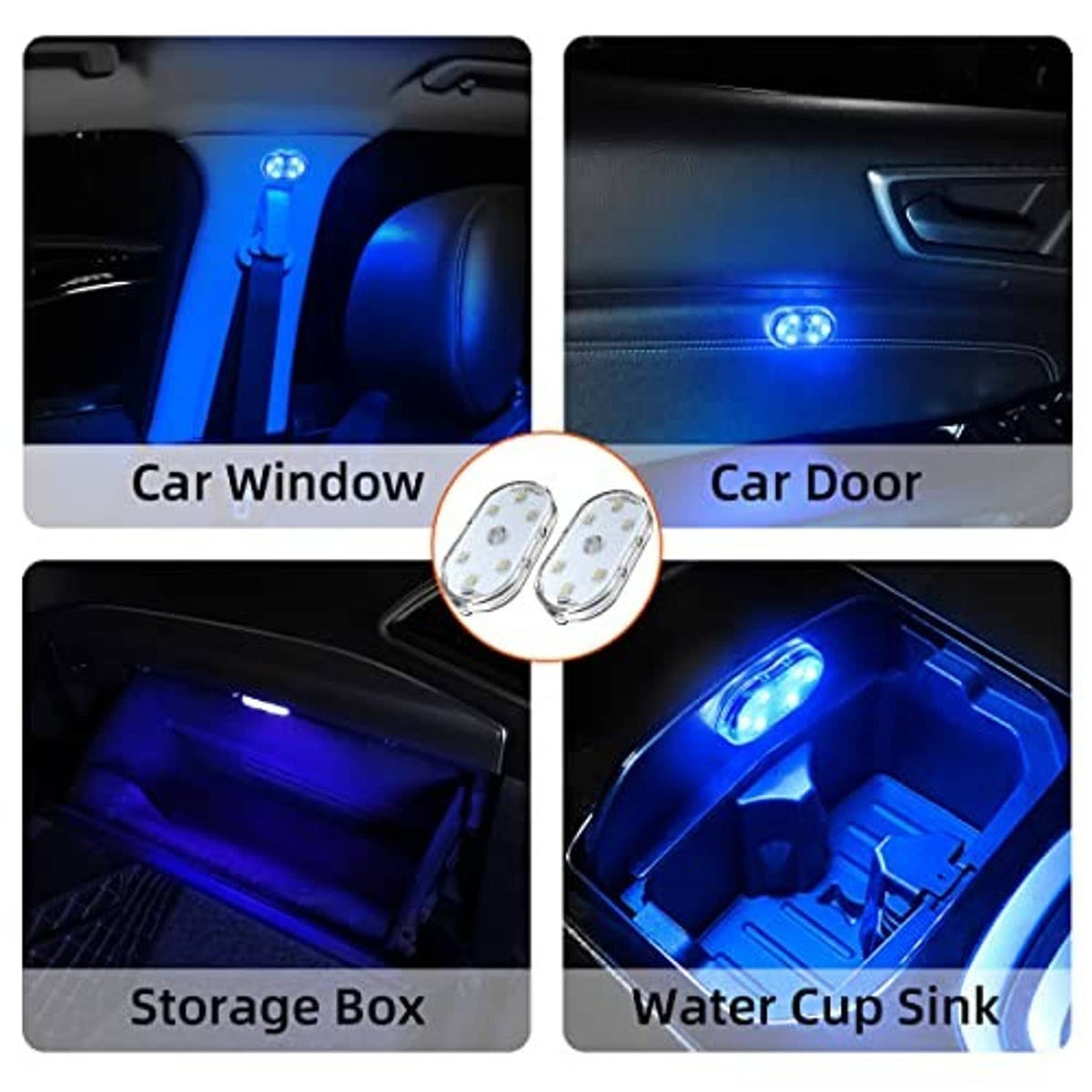 Car LED interior bulbs, two oval units shining blue for door, window, and storage