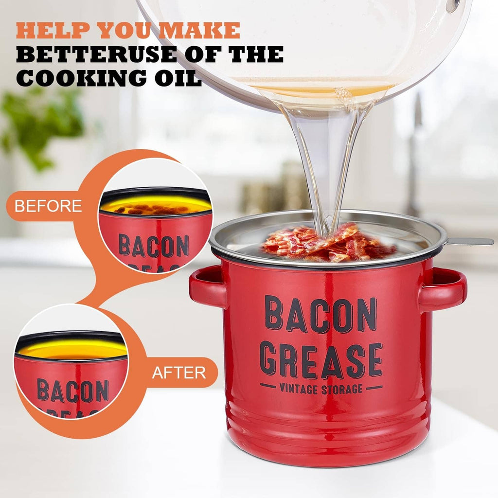 Red bacon grease storage pot with lid and pour stream into strainer