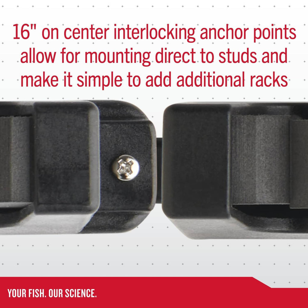 Close-up of horizontal rod rack anchor area with screw and interlocking points