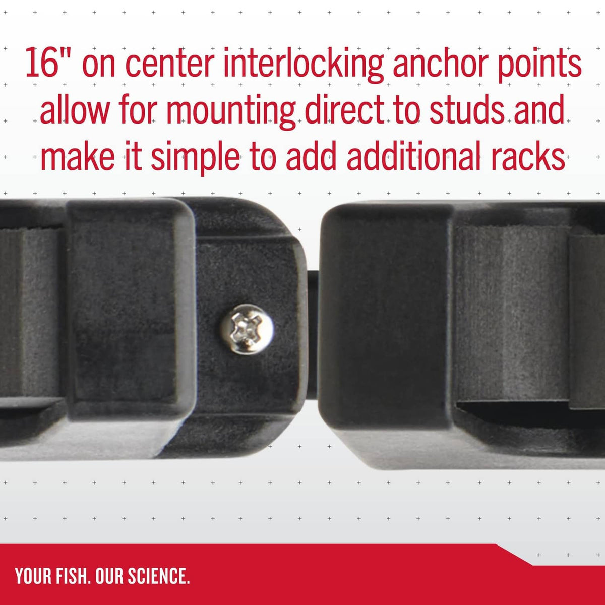 Close-up of horizontal rod rack anchor area with screw and interlocking points