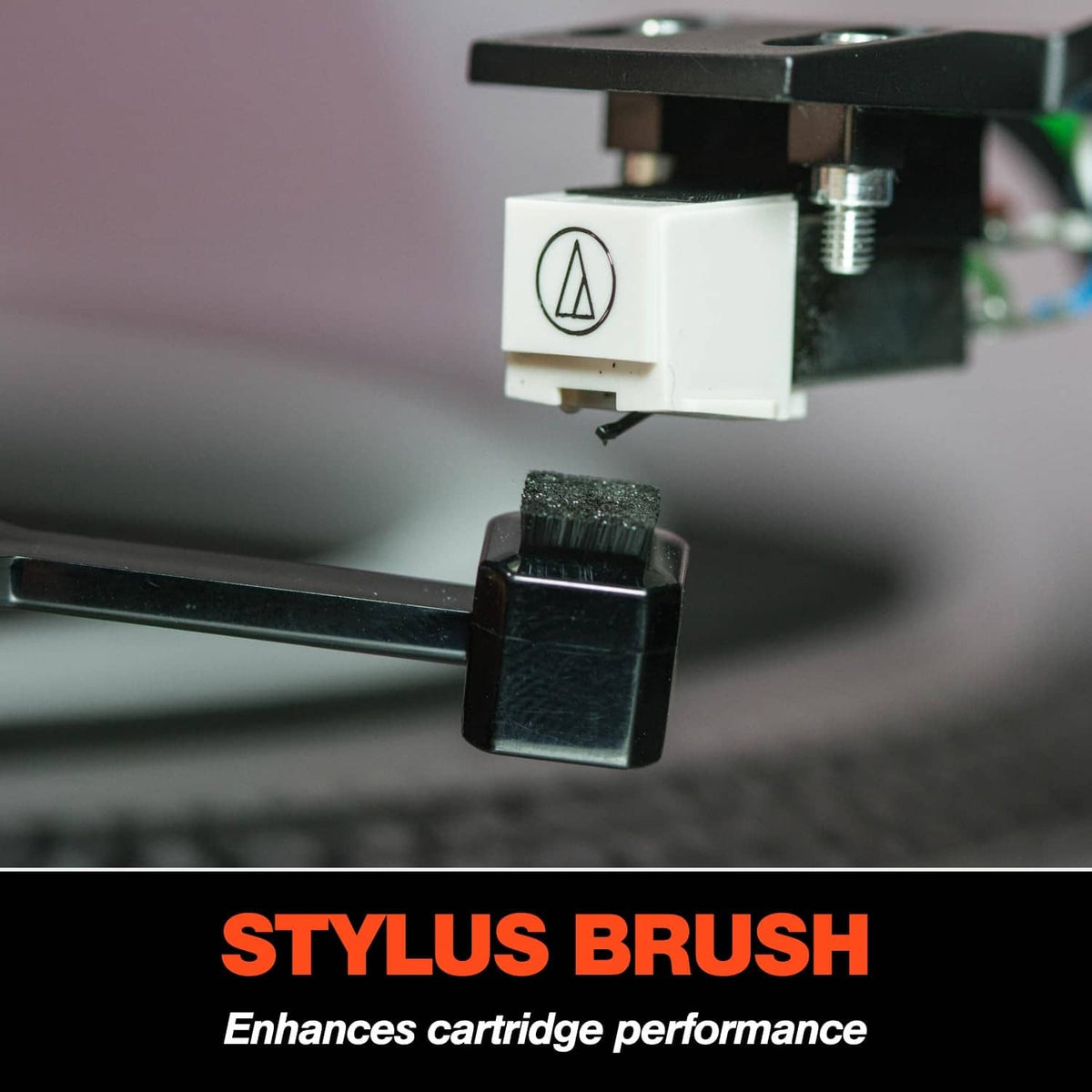 Stylus brush with soft cleaning head and base for turntable stylus care