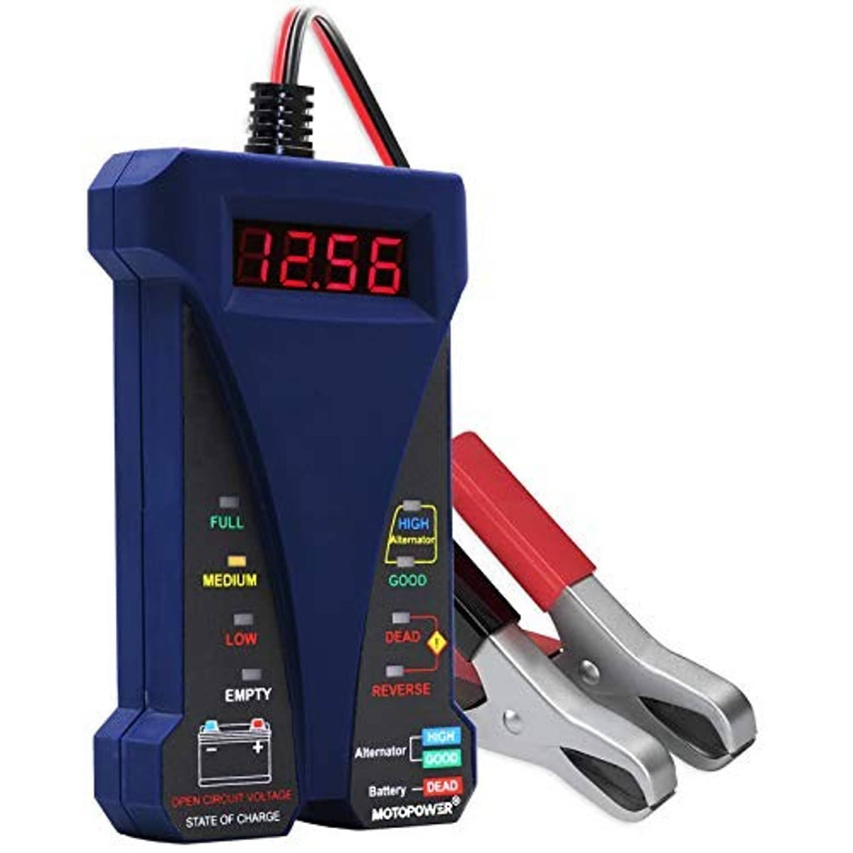 12V battery tester with red digital display, indicator LEDs, and red/black clamps