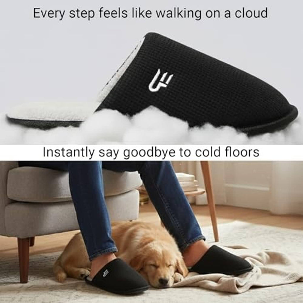 Black slip-on slippers with thick white plush lining and cushioned sole