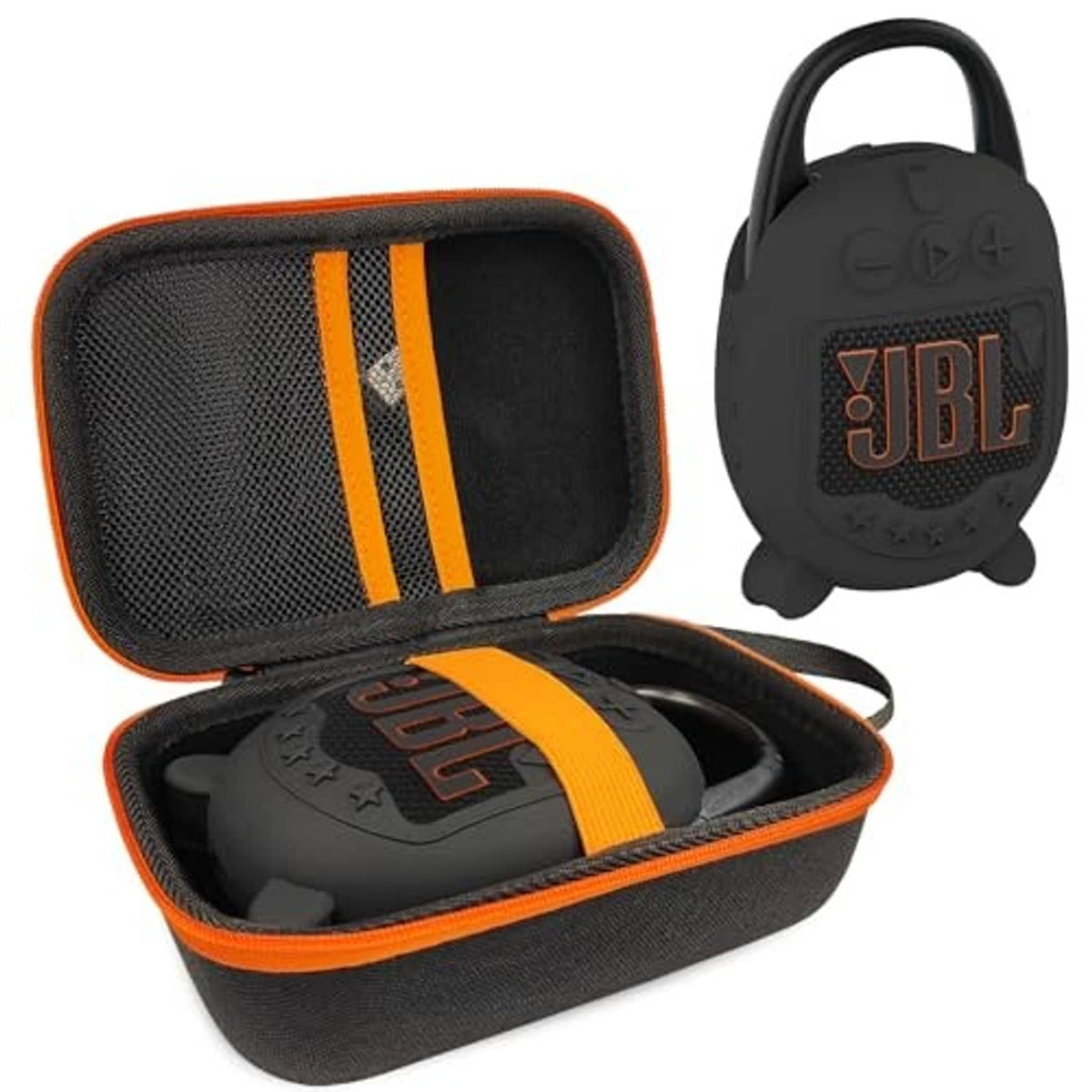 Hard EVA case for JBL Clip 5 with black fabric and orange zipper trim