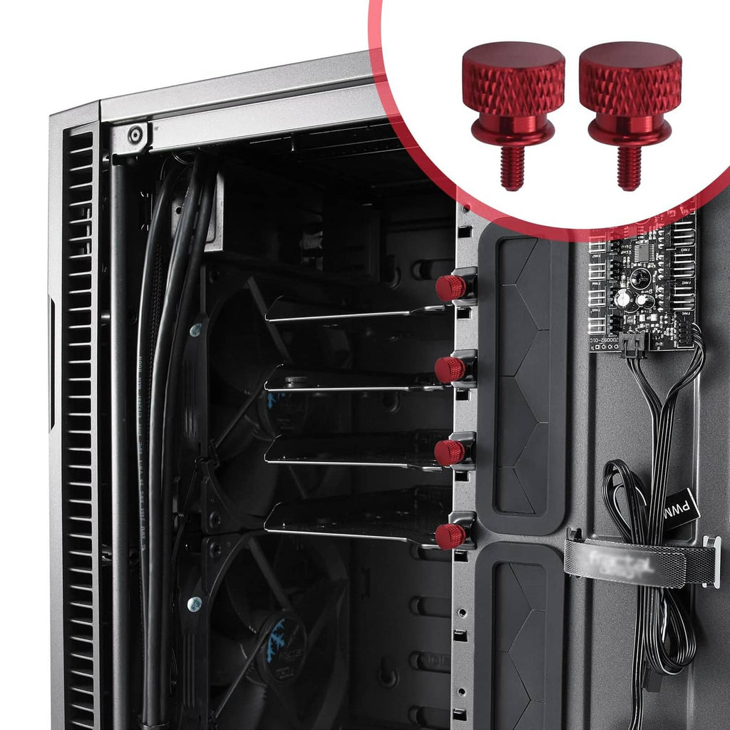 Wine red knurled thumb screws mounted on computer case panel