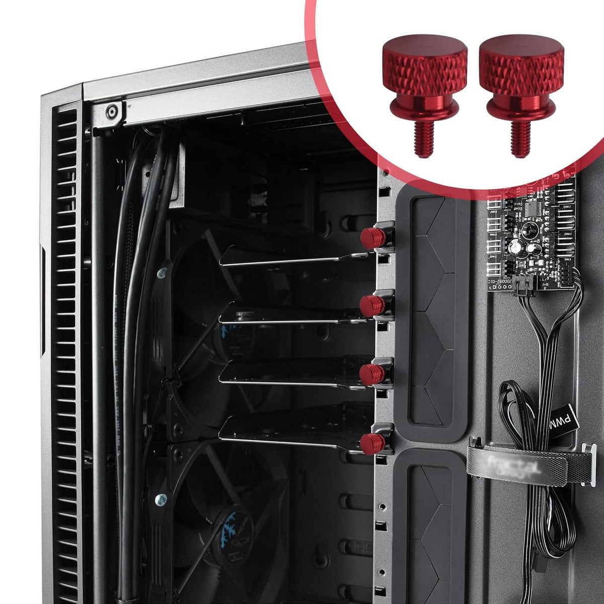 Wine red knurled thumb screws mounted on computer case panel