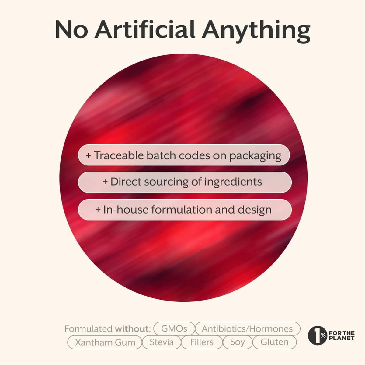 No artificial anything label with batch-code sourcing and ingredient icons