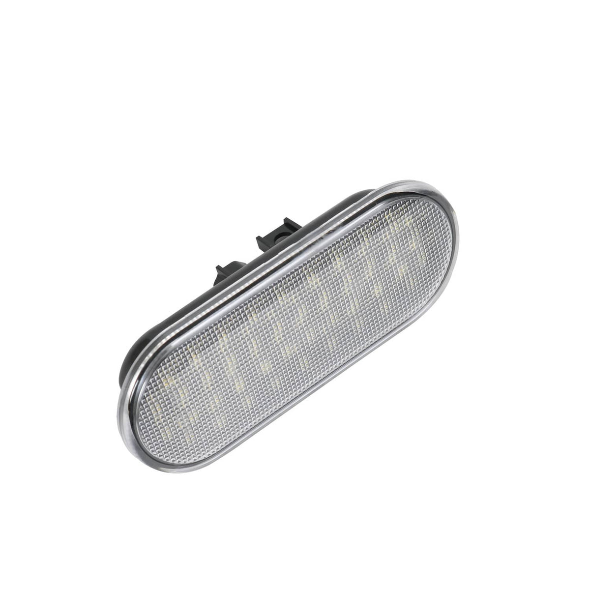 Single oval LED light with clear lens panel and rear mounting tabs