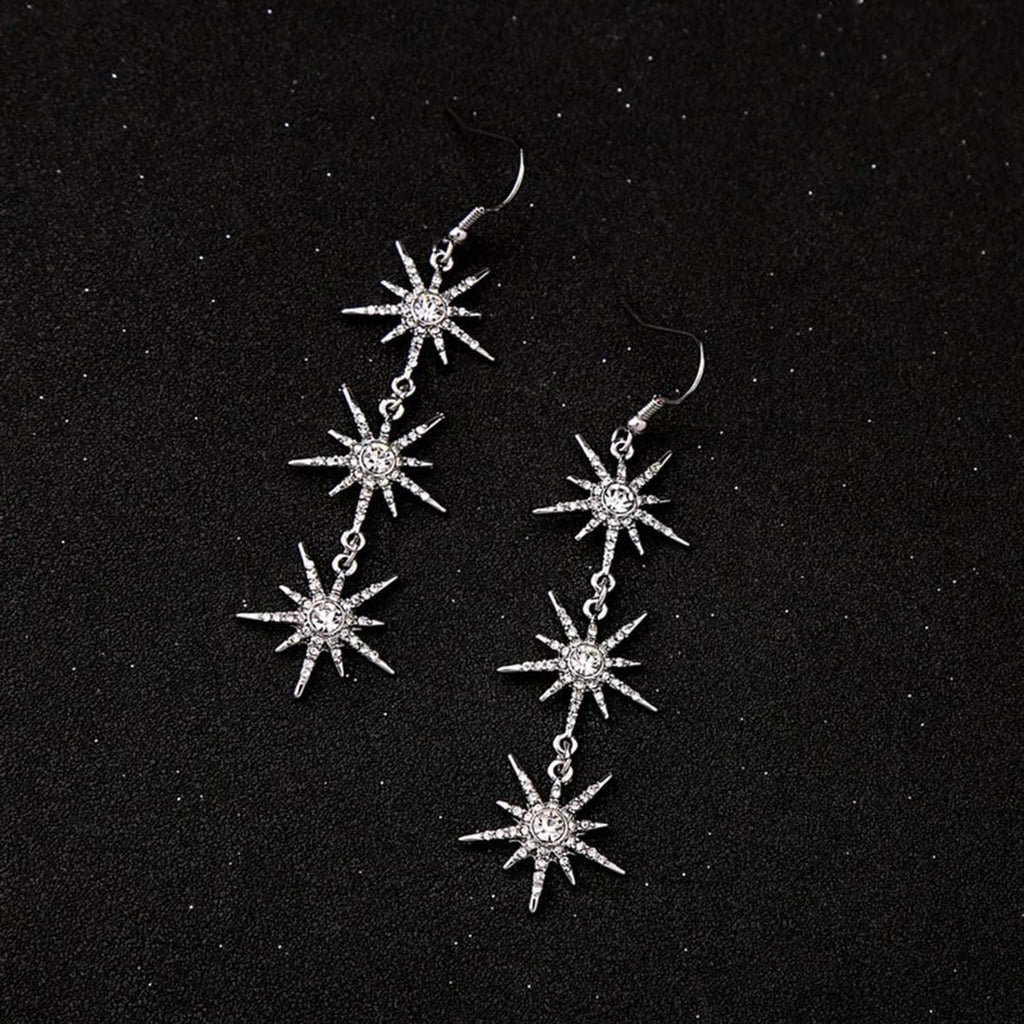 Snowflake dangle earrings, silver-toned with three dangling crystal snowflakes per earring