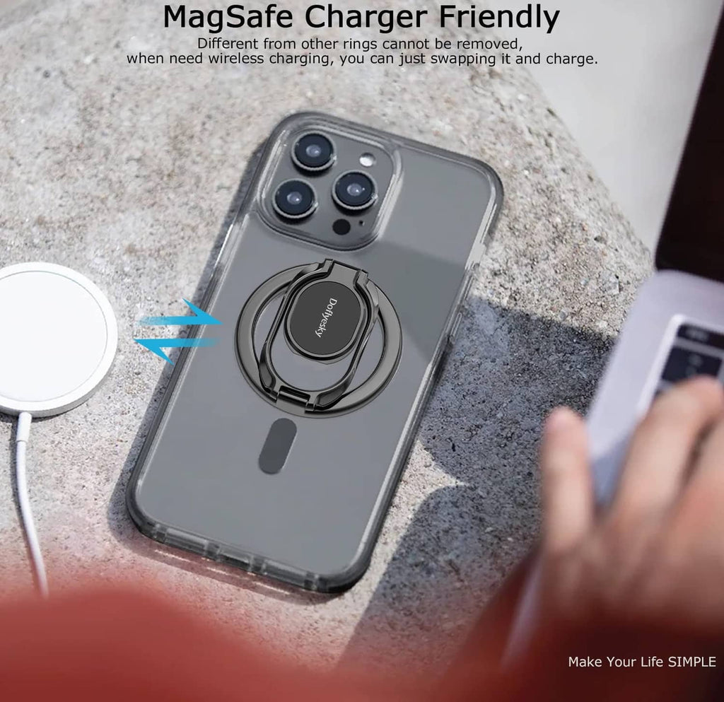 Black metal magnetic phone ring holder attached to the back of a phone
