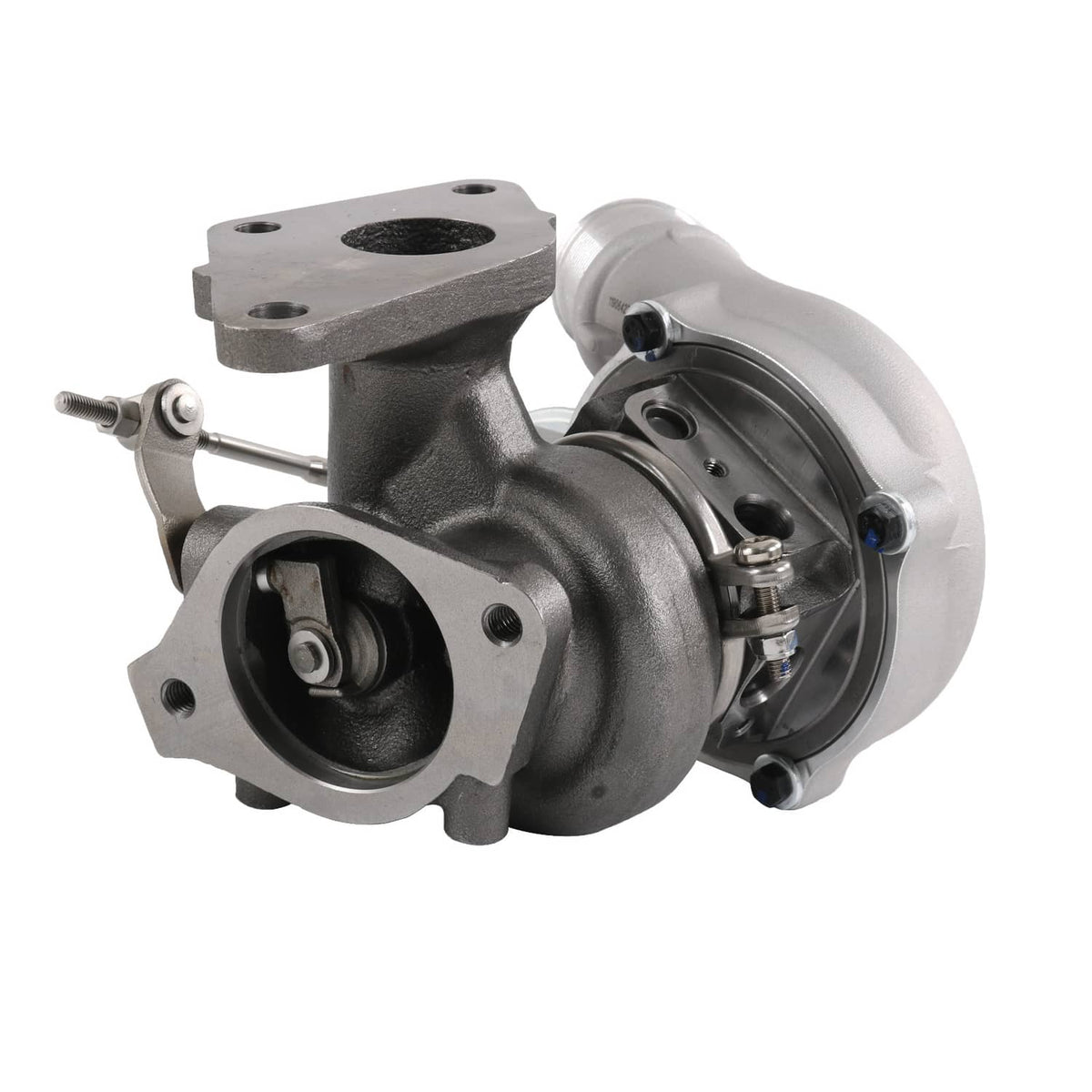 Turbocharger with black exhaust housing and silver compressor outlet, front view