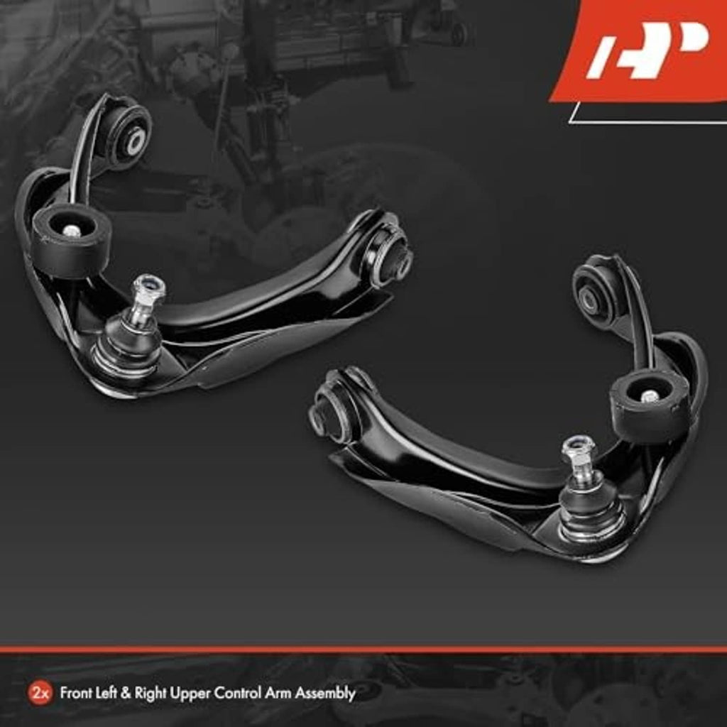 Two black front upper control arms with ball joints, bushings, and mounting studs.