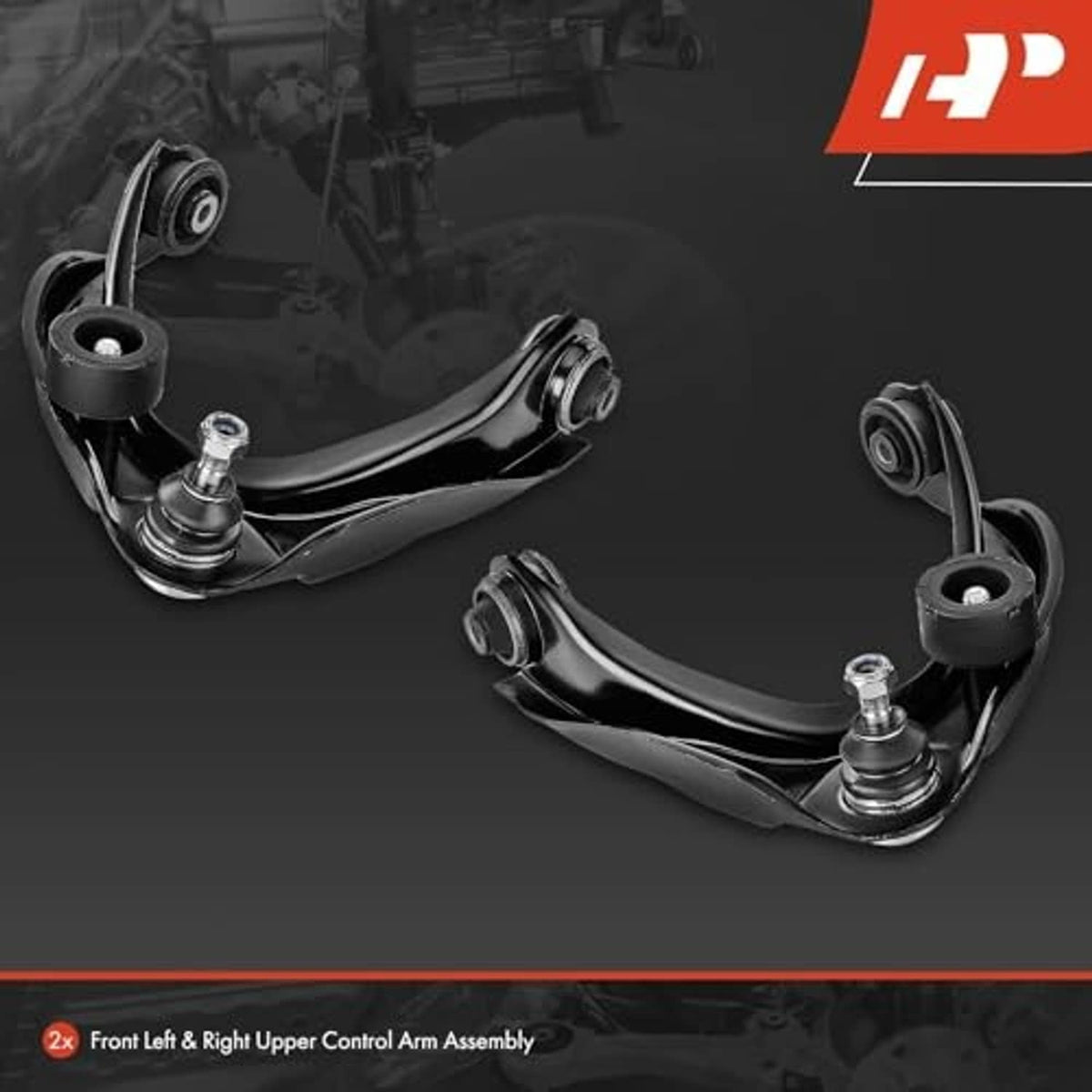 Two black front upper control arms with ball joints, bushings, and mounting studs.
