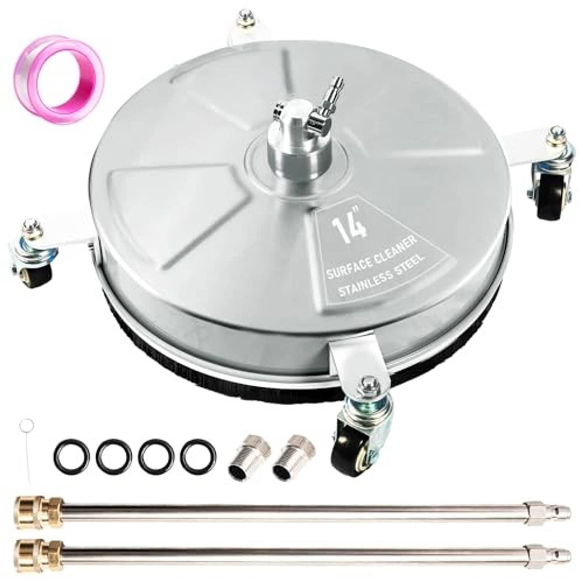 14-inch surface cleaner with four caster wheels and brass spray wands, silver