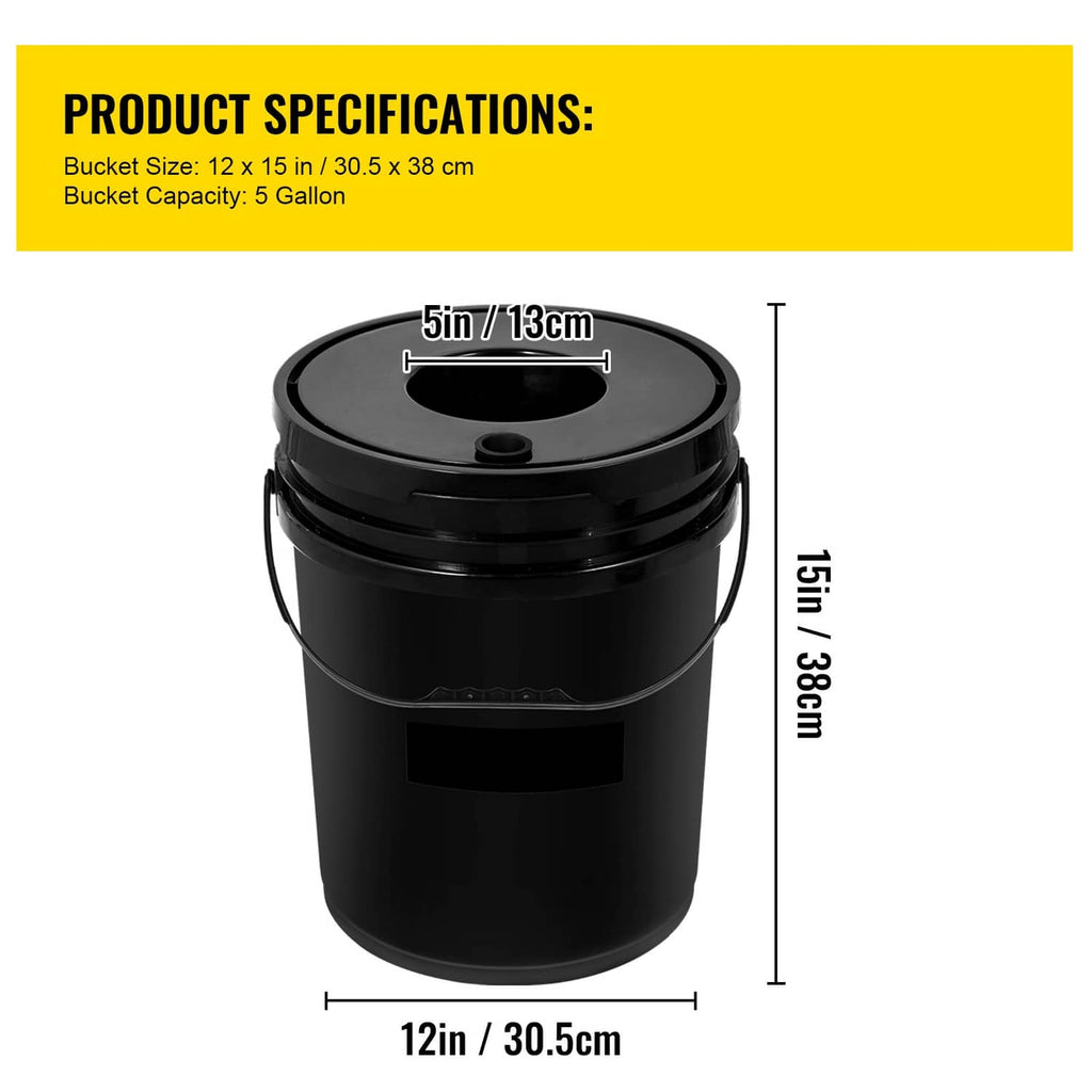 Black 5-gallon hydroponic bucket with lid, side handle, and size dimensions