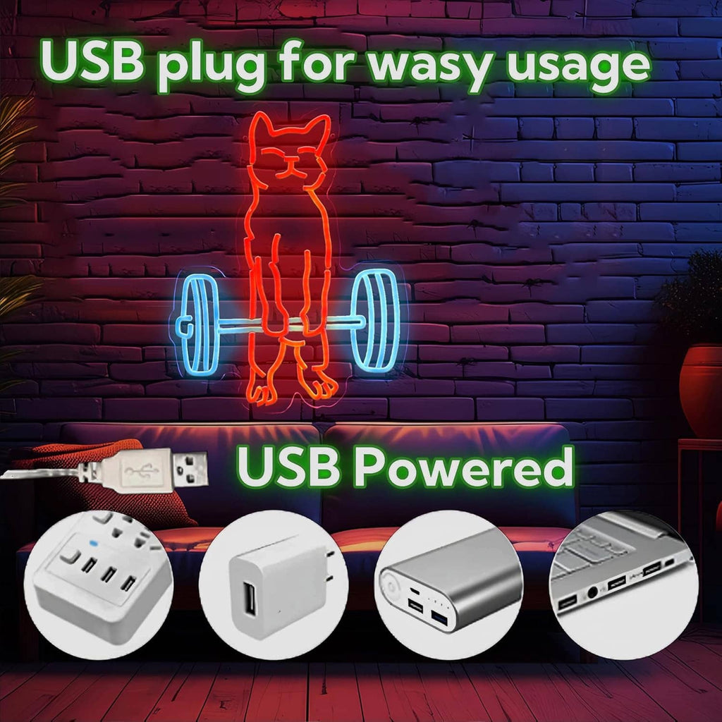 USB powered neon cat lifting weights sign with red-orange cat and blue dumbbells, wall decor