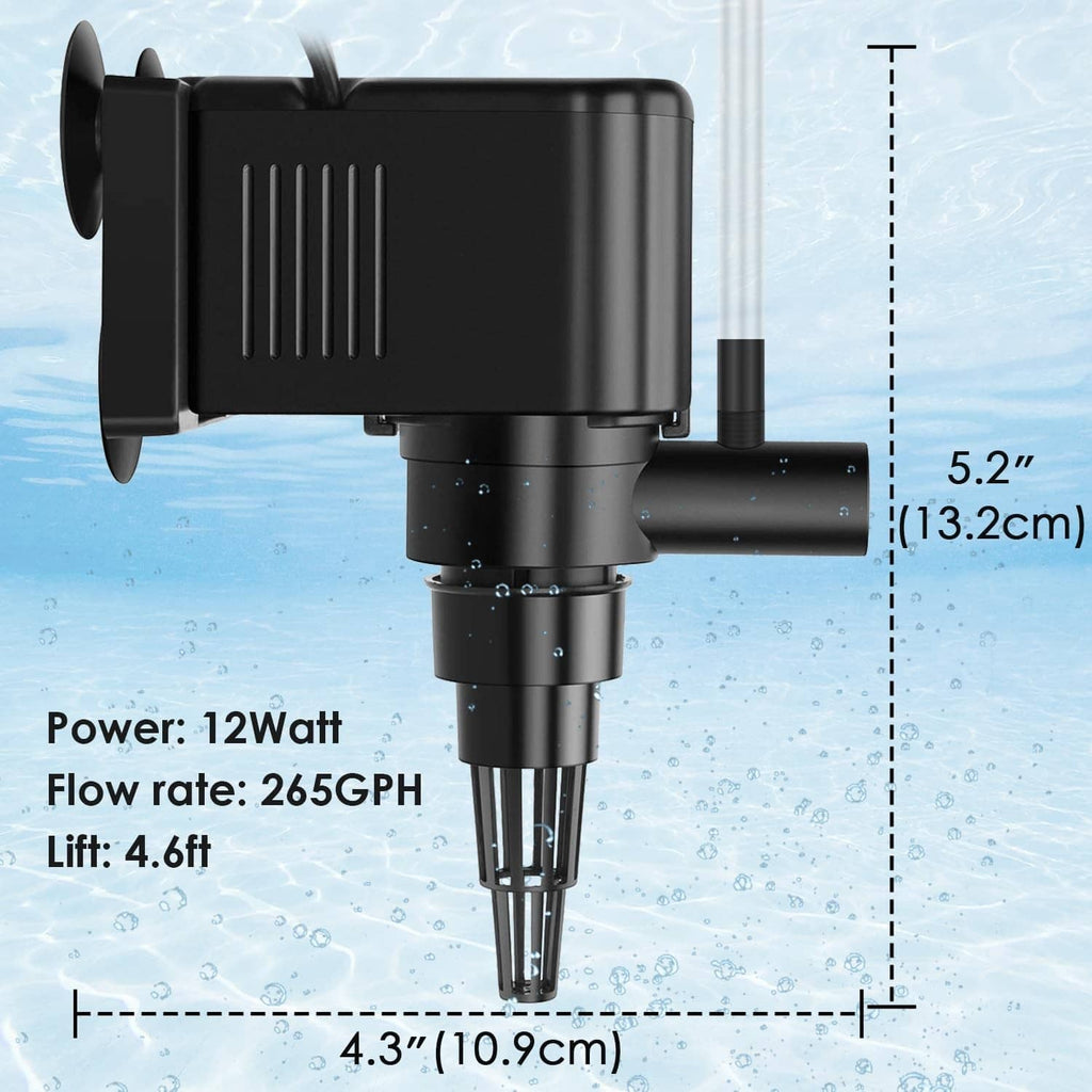Black aquarium powerhead pump, 5.2 in tall, 265 GPH flow, 12 W power