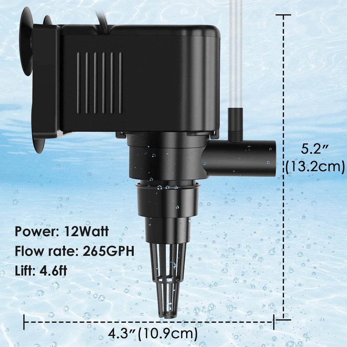 Black aquarium powerhead pump, 5.2 in tall, 265 GPH flow, 12 W power