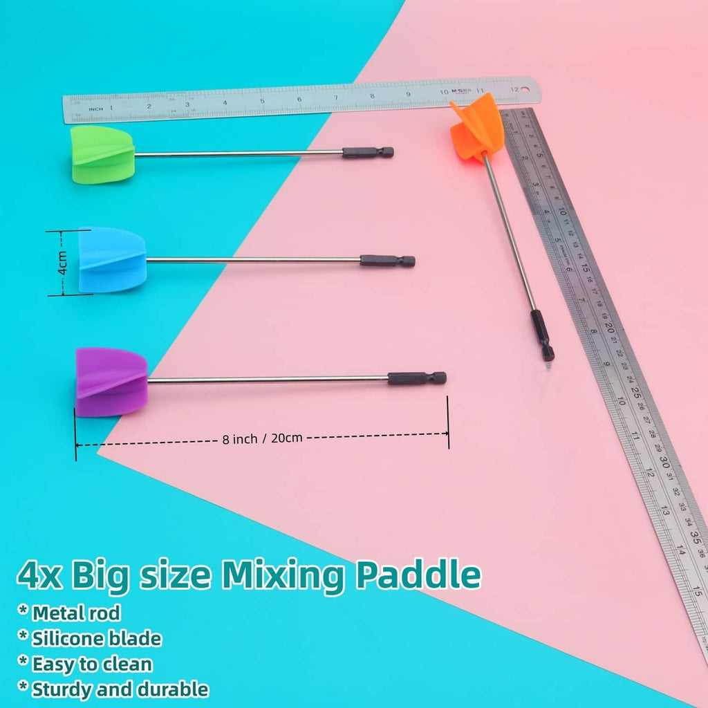 Four large silicone mixing paddles with orange, green, blue, and purple blades