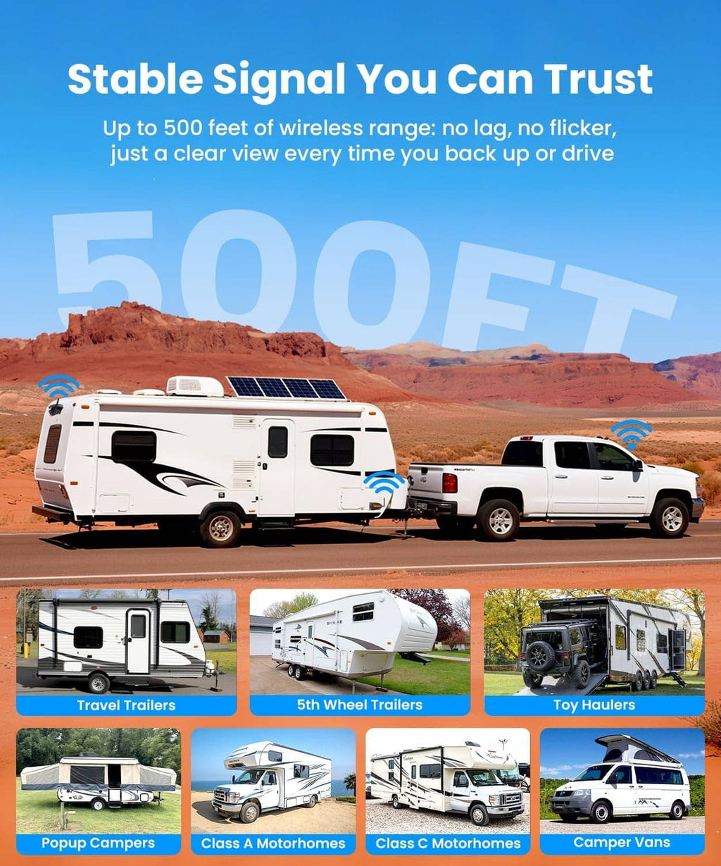 Wireless backup camera system shown on RV and truck vehicles for wide compatibility
