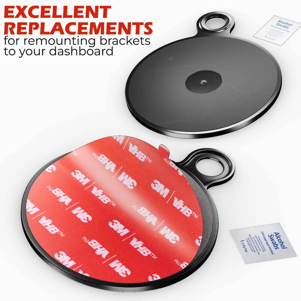 Replacement mounting disk set with black suction base and red adhesive cover, plus alcohol wipes.