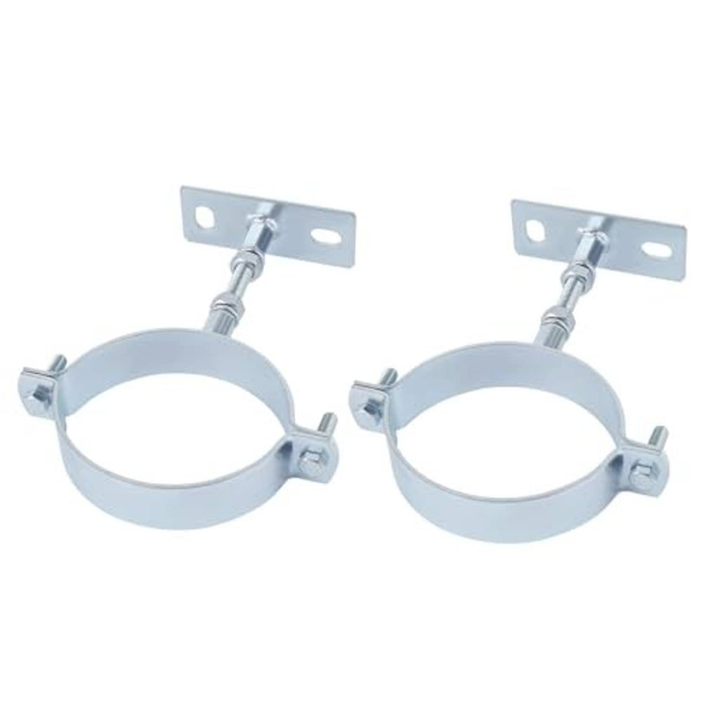 Pair of galvanized adjustable pipe brackets with split rings and mounting plates