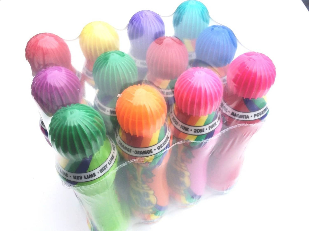 Assorted bingo dauber ink bottles with ribbed caps in mixed colors, clustered