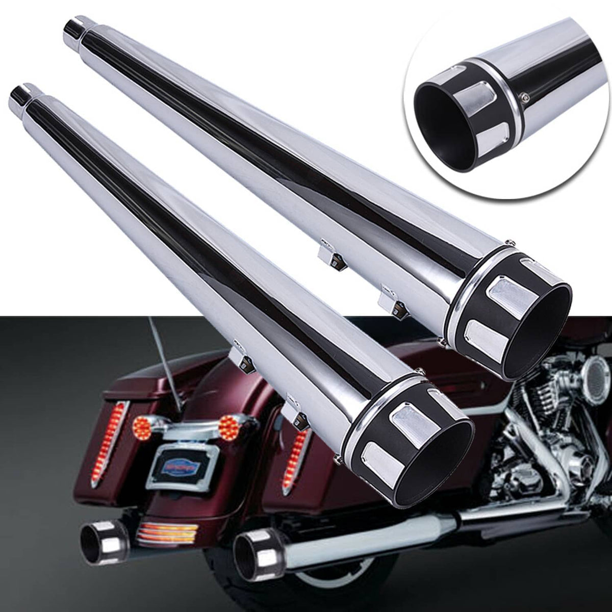 Two chrome exhaust mufflers with black outlet collars and polished end trim
