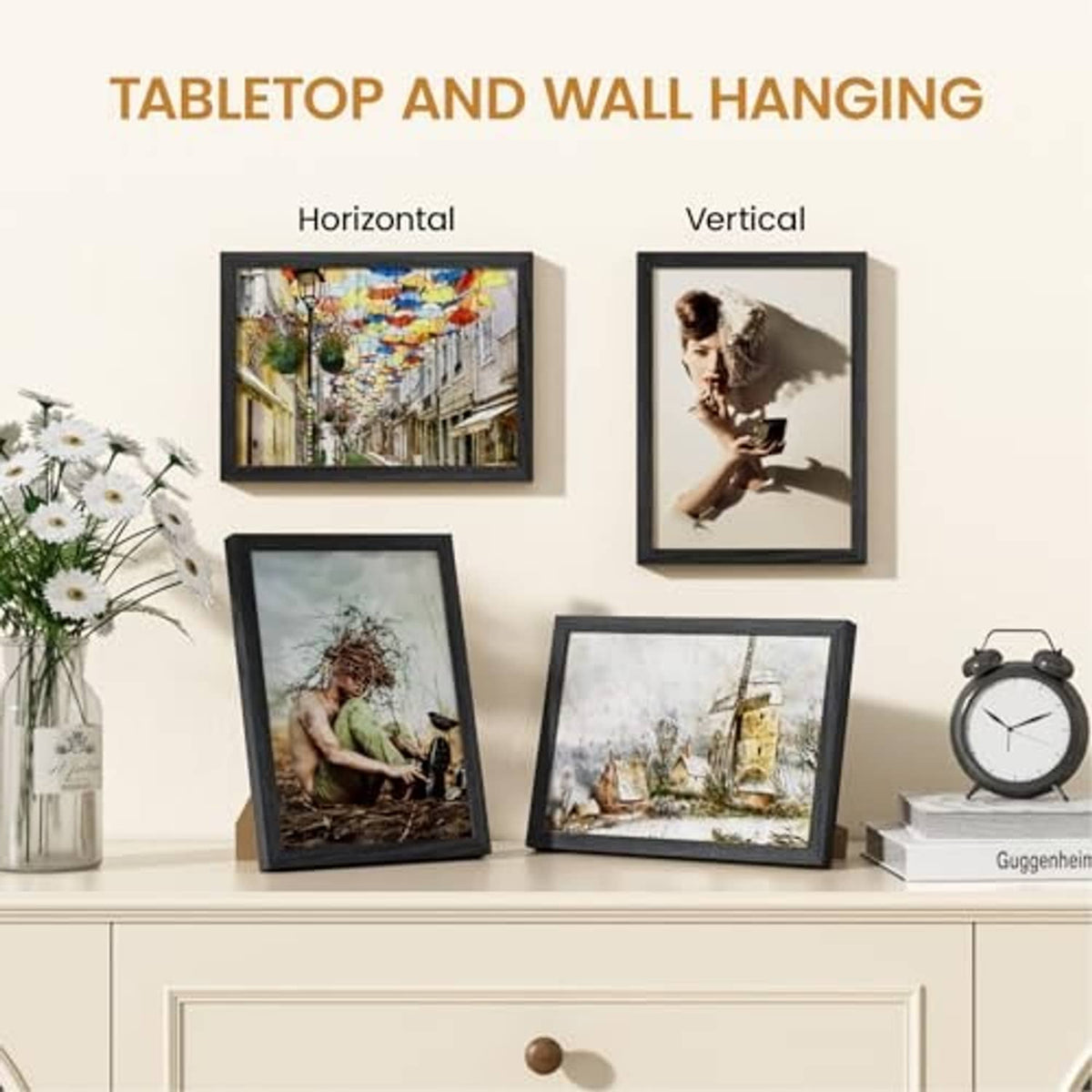 Black solid oak wood 7x10 picture frame for tabletop or vertical wall hanging